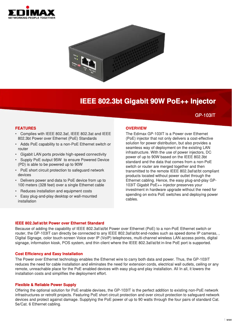 Página 1 del manual Ficha técnica Edimax GP-103IT