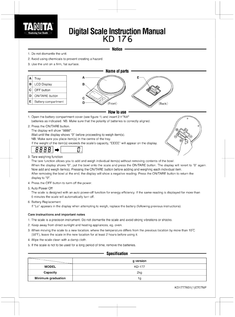 Page n°1 - Manuel utilisateur Tanita KD-176