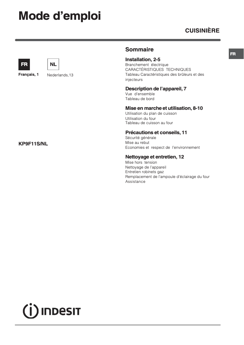Page 1 de la notice Manuel utilisateur Indesit KP9F11S(X)/NL