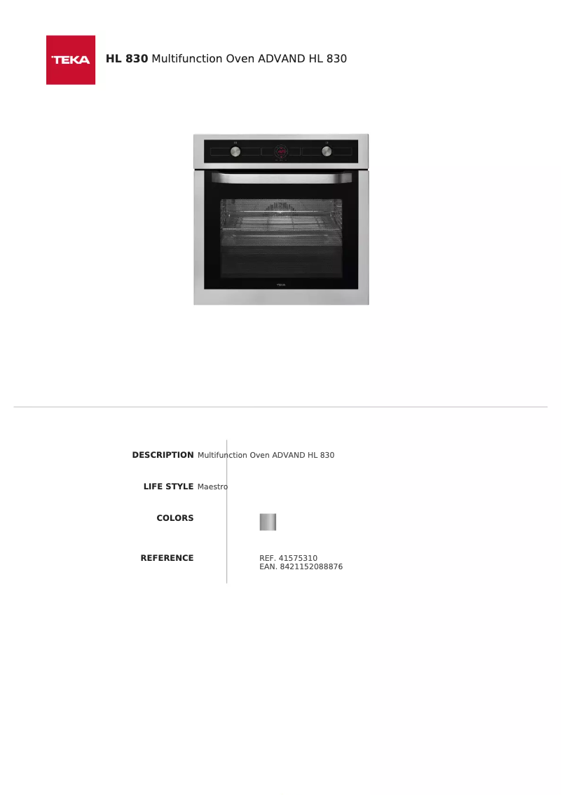 Page 1 de la notice Fiche technique Teka HL 830