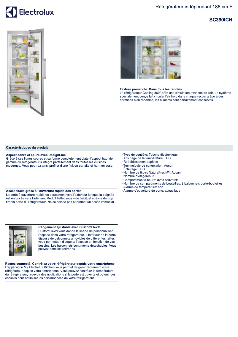 Page 1 de la notice Fiche technique Electrolux SC390ICN