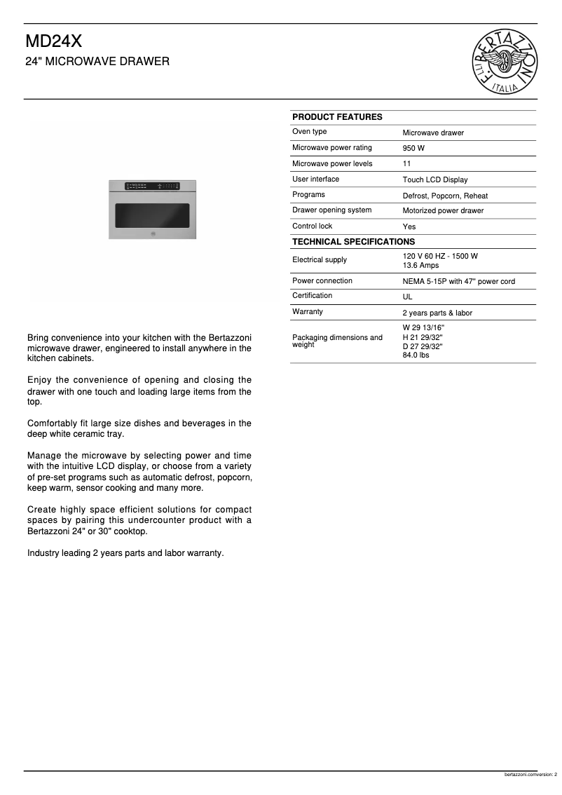 Page 1 de la notice Fiche technique Bertazzoni MD24X