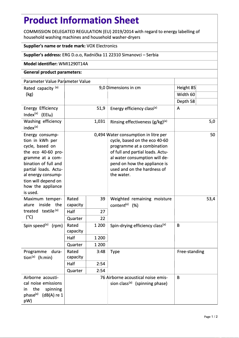 Page 1 de la notice Fiche technique VOX WMI1290T14A
