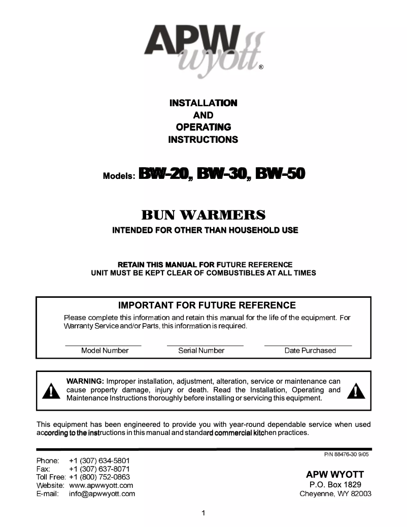 Page 1 de la notice Manuel utilisateur APW Wyott BW-31