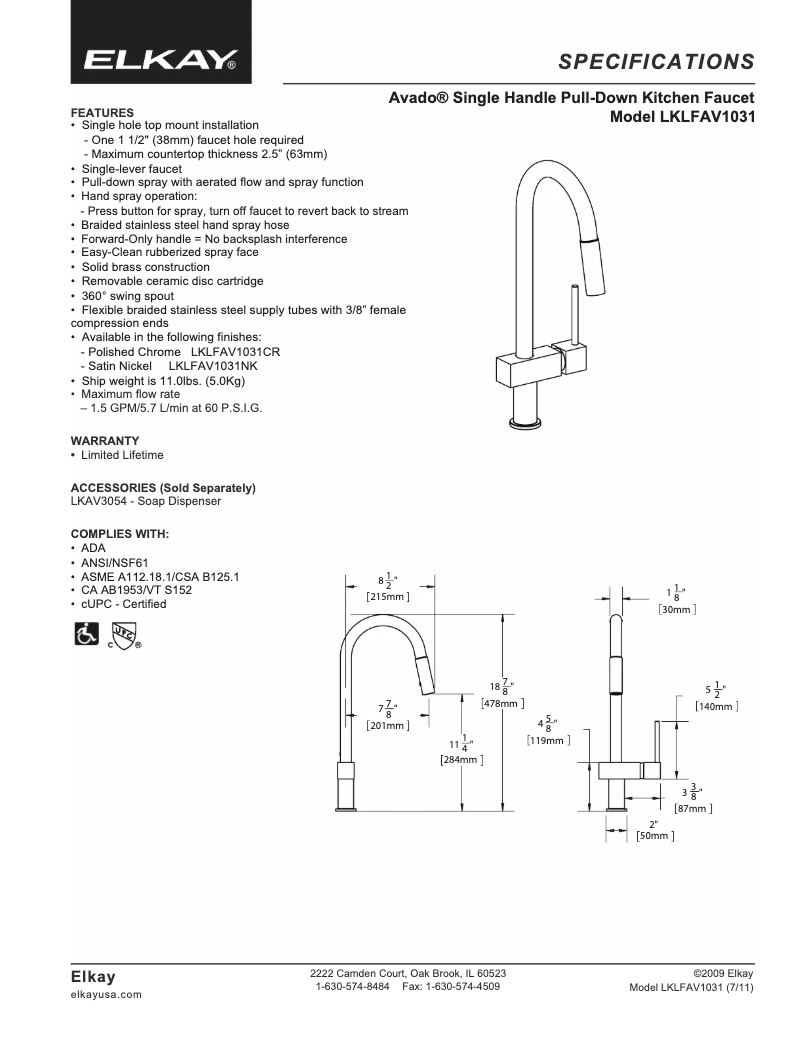 Page 1 de la notice Fiche technique Elkay LKLFAV1031NK