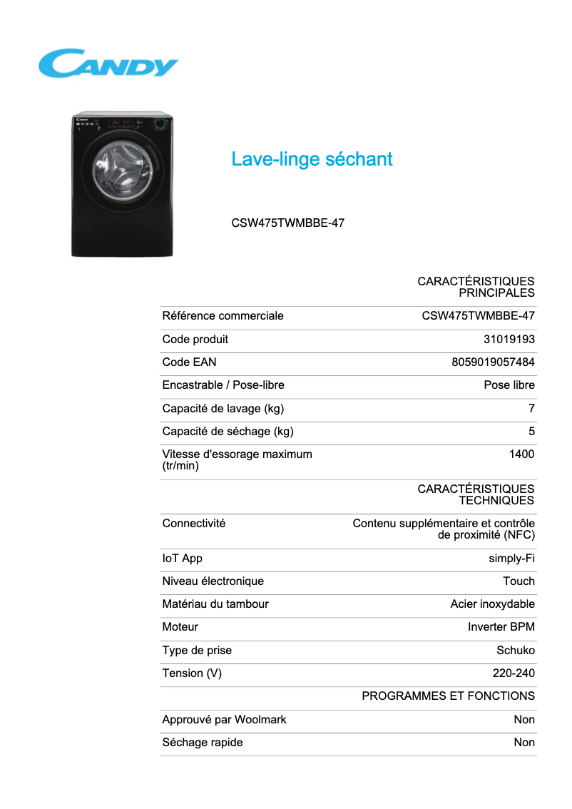 Page 1 de la notice Fiche technique Candy CSW475TWMBBE-47