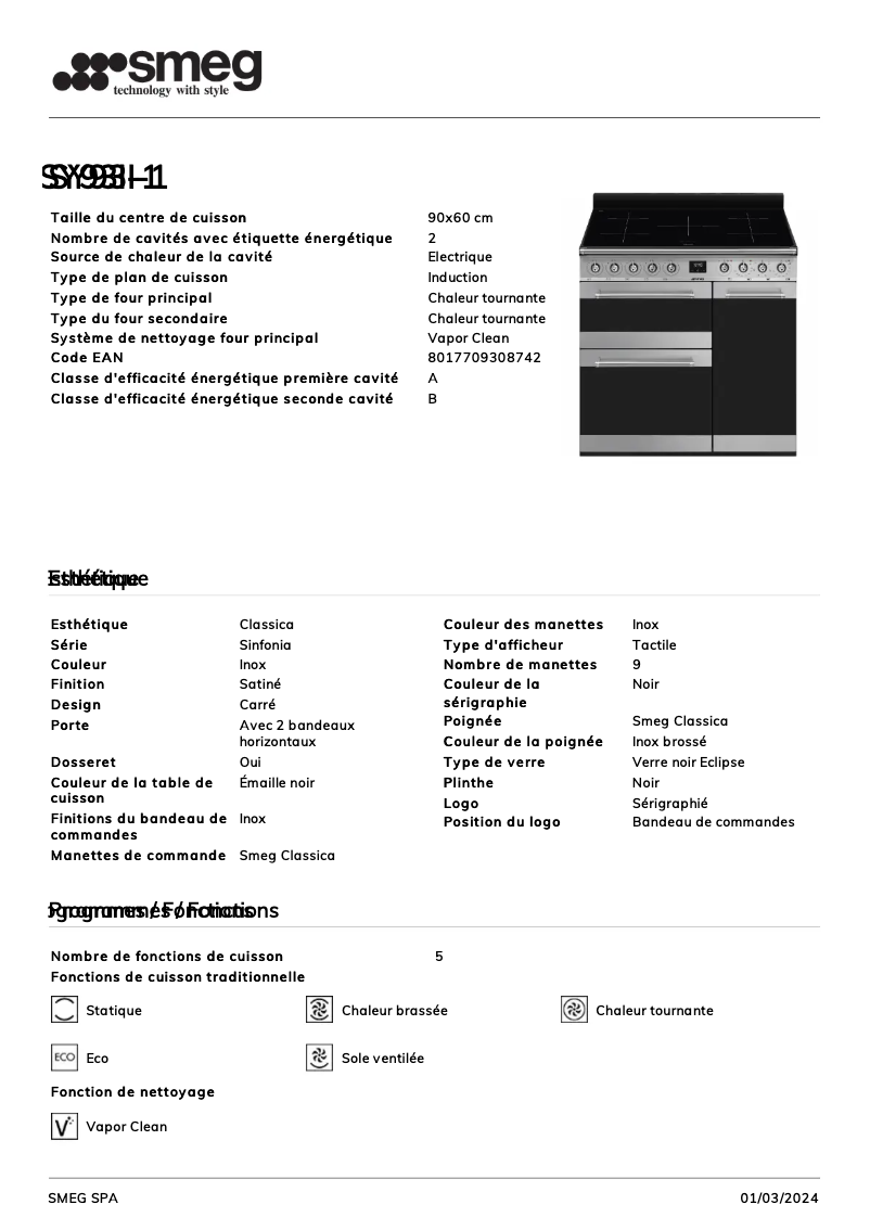 Page 1 de la notice Fiche technique Smeg SY93I-1