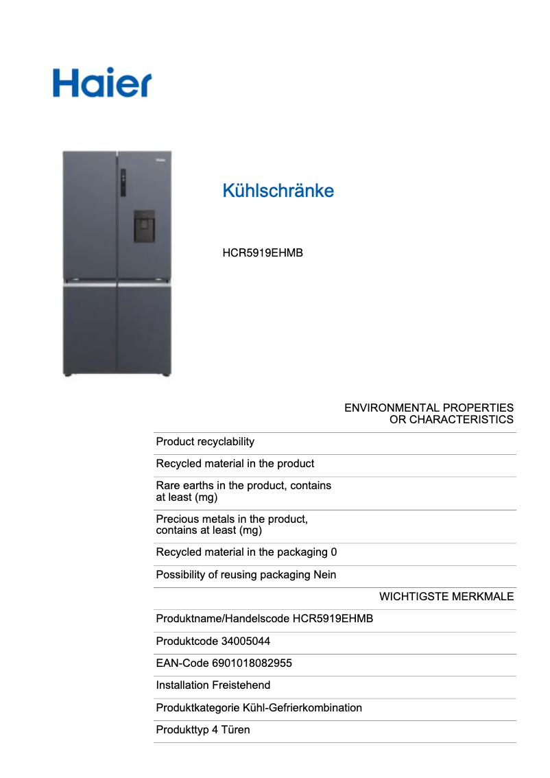 Page n°1 - Label énergétique Haier HCR5919EHMB