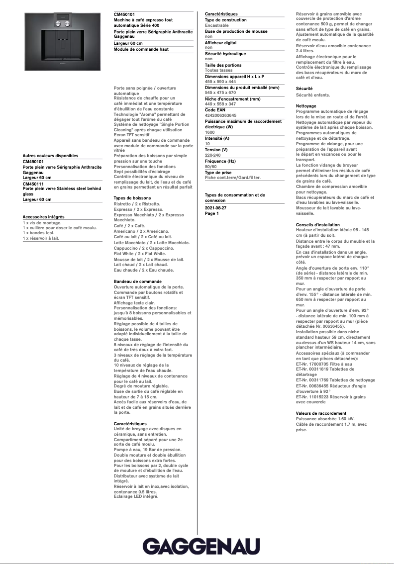 Page 1 de la notice Fiche technique Gaggenau CM450101