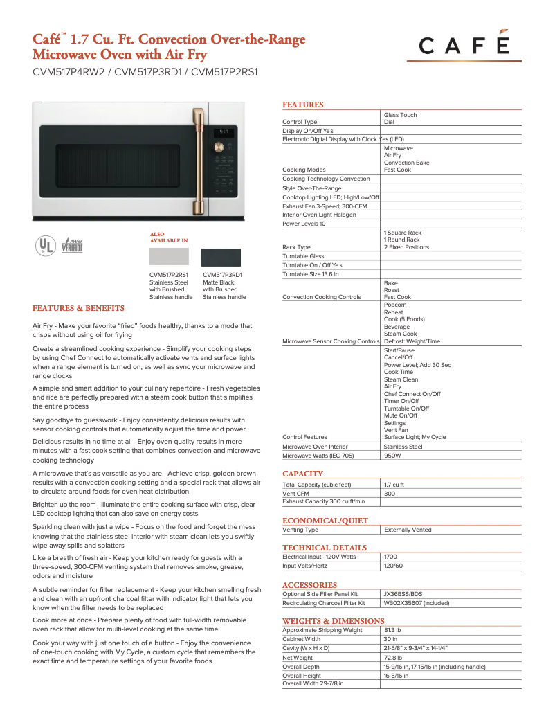 Page 1 de la notice Fiche technique GE CVM517P4RW2