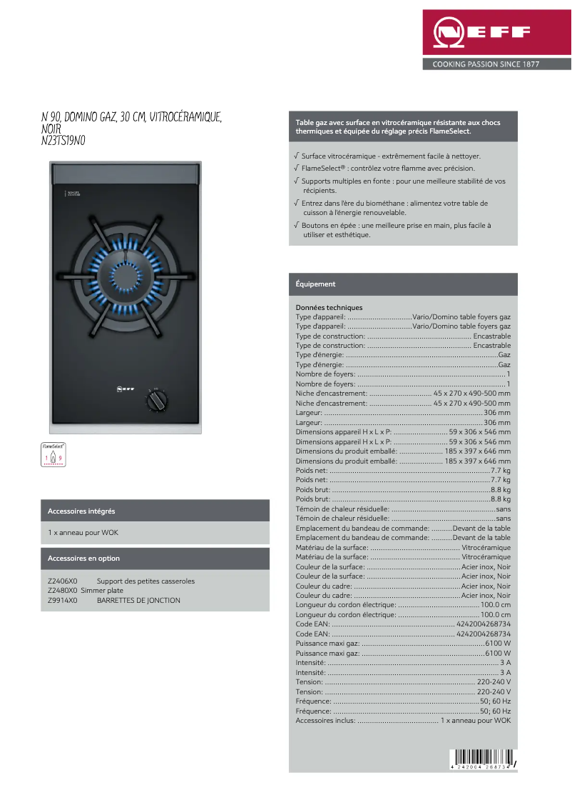 Page 1 de la notice Fiche technique Neff N23TS19N0