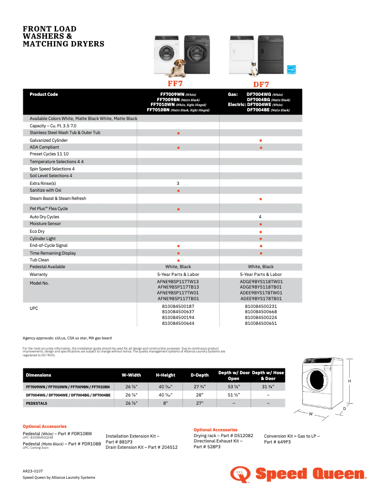 Page 1 de la notice Fiche technique Speed Queen DF7004BE