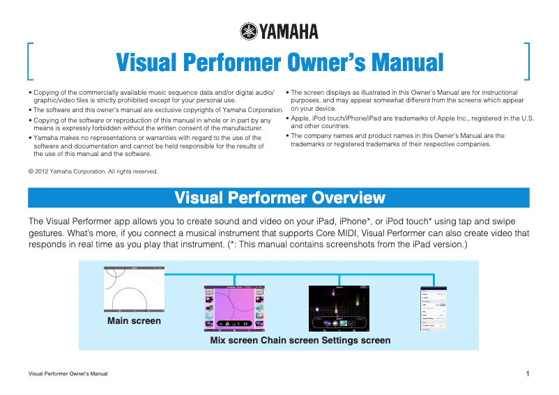 Page 1 de la notice Manuel utilisateur Yamaha Visual Performer