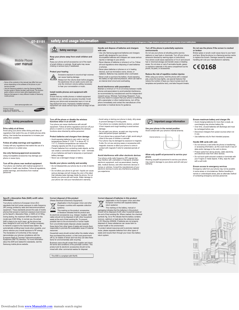 Image de la première page du manuel de l'appareil GT-E1151