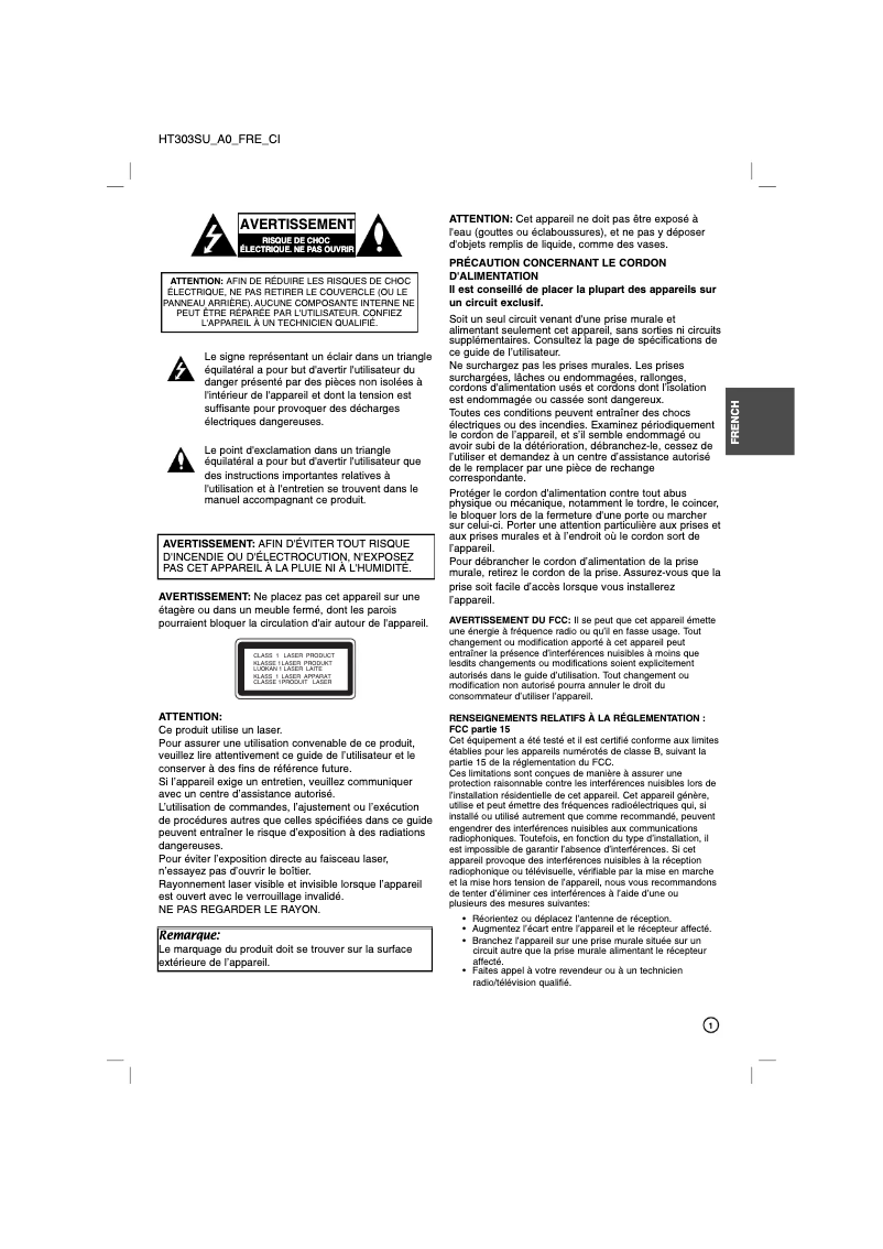 Page 1 de la notice Manuel utilisateur LG HT303SU