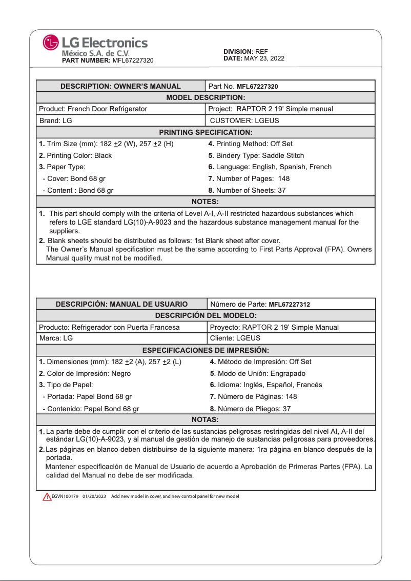 Page 1 de la notice Manuel utilisateur LG LRFES2503S