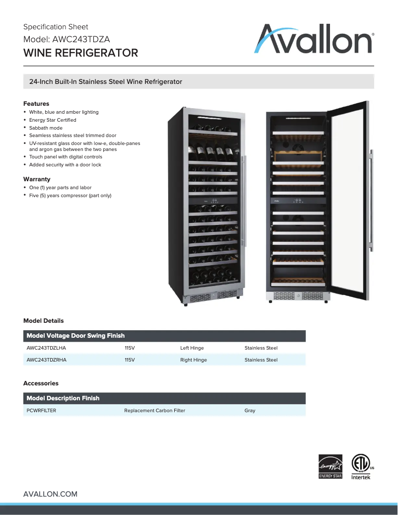Page 1 de la notice Fiche technique Avallon AWC243TDZRHA