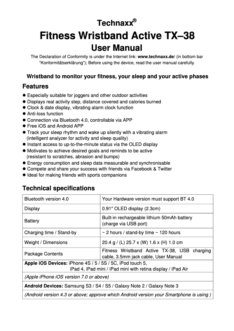 Page 1 de la notice Manuel utilisateur Technaxx TX-38