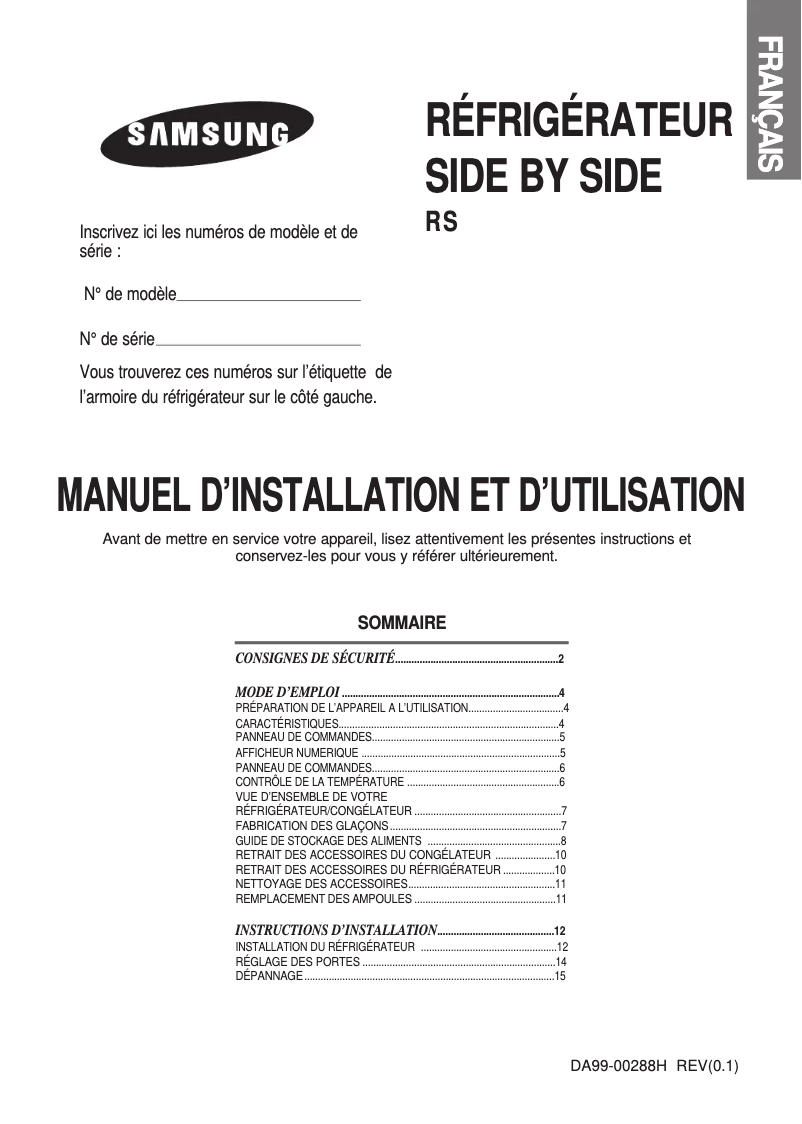 Page 1 de la notice Manuel utilisateur Samsung RS19NASW