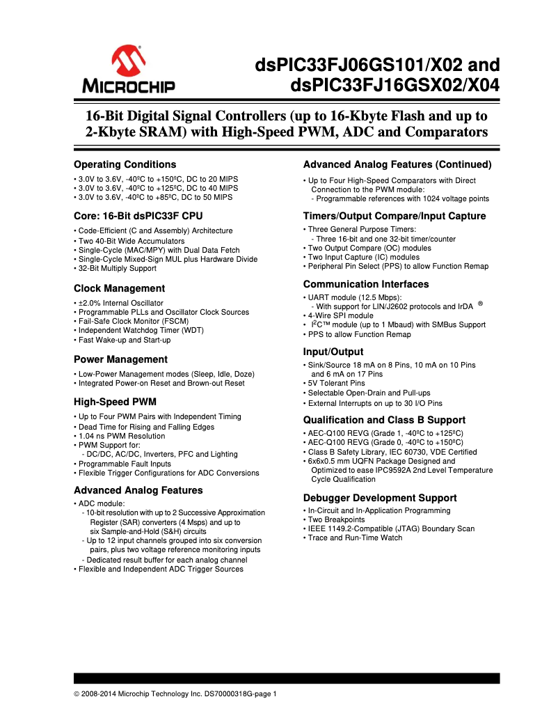 Página 1 del manual Ficha técnica Microchip DSPIC33FJ16GS502