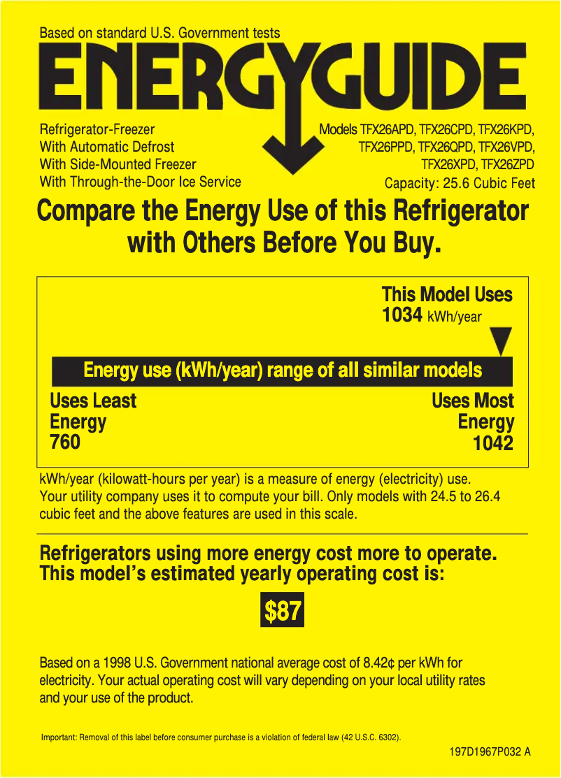 Page 1 de la notice Label énergétique GE Profile Performance TFX26PPDWW