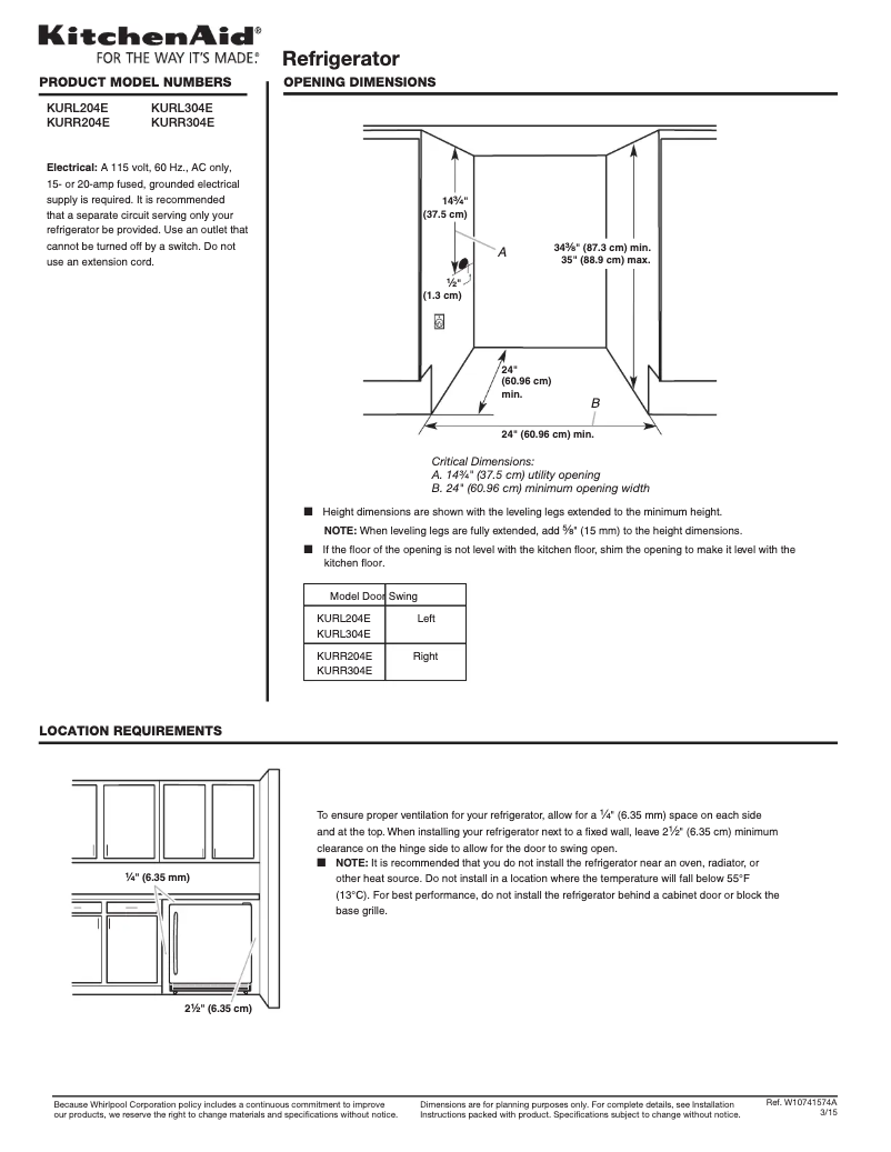 Page 1 de la notice Fiche technique KitchenAid KURR204E