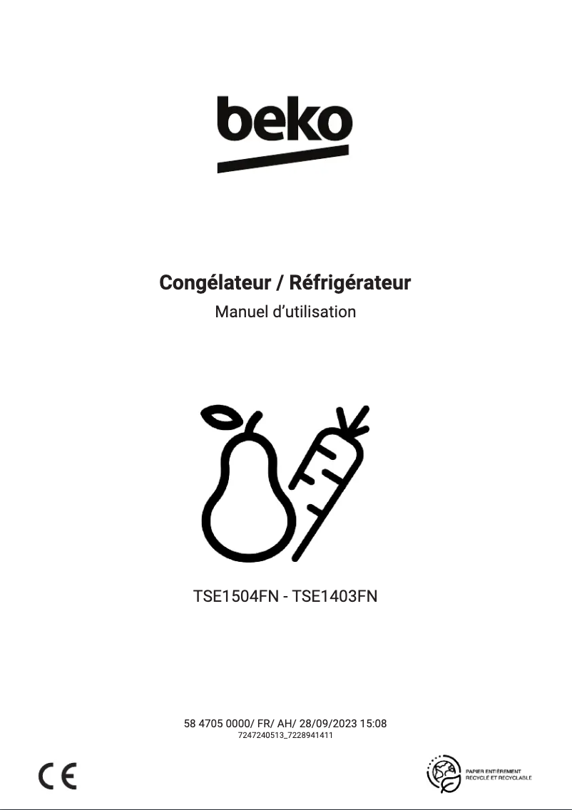 Page n°1 - Manuel utilisateur Beko TSE1504FN