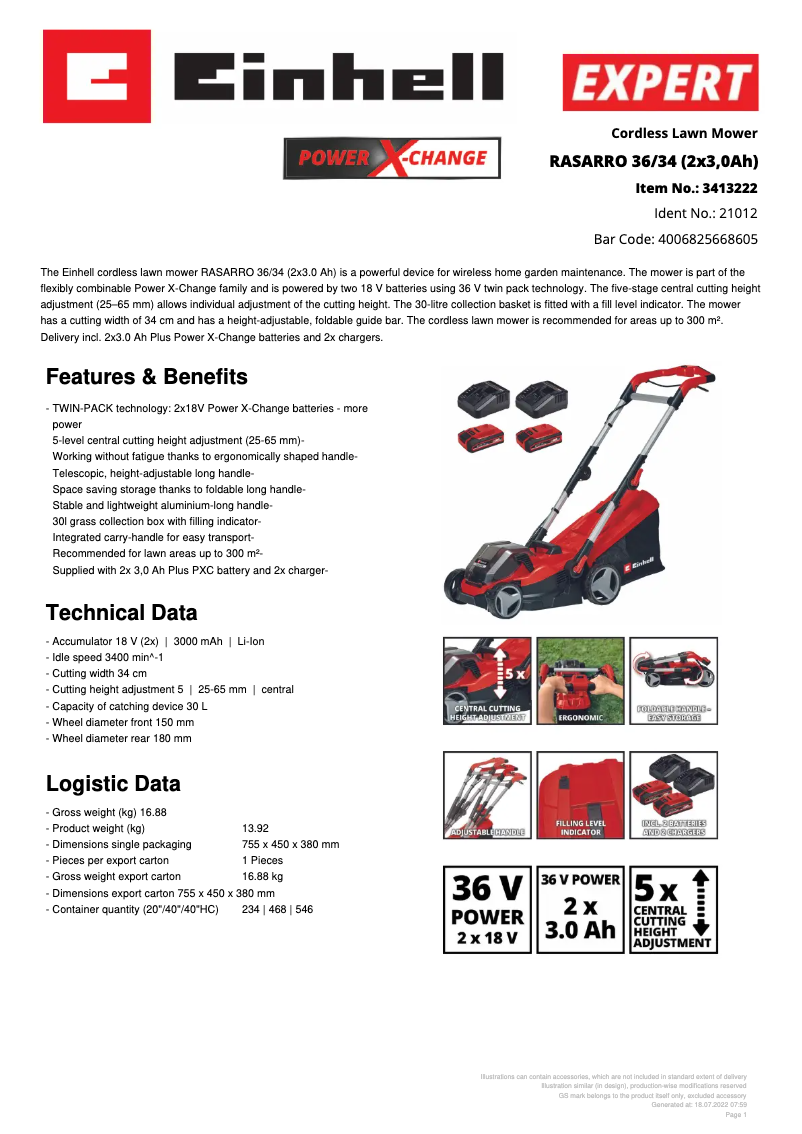 Page 1 de la notice Fiche technique Einhell RASARRO 36/34