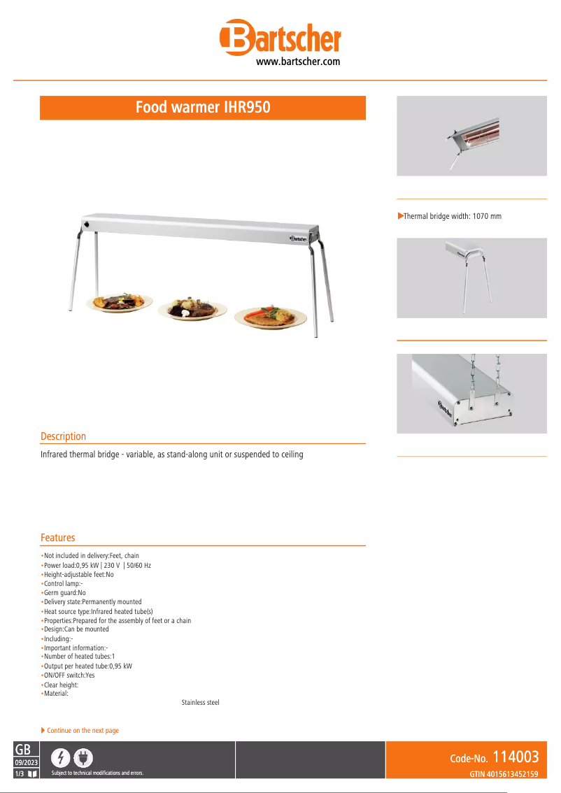 Página 1 del manual Ficha técnica Bartscher IHR950