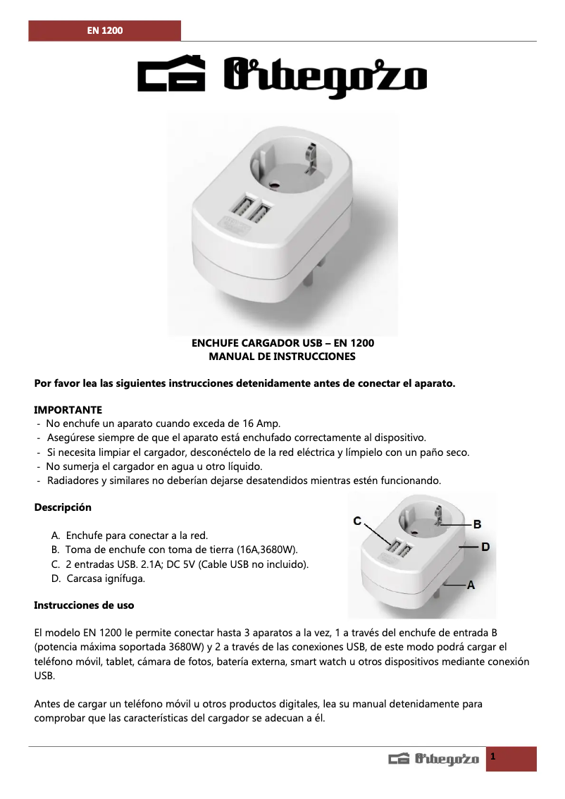 Page 1 de la notice Manuel utilisateur Orbegozo EN 1200
