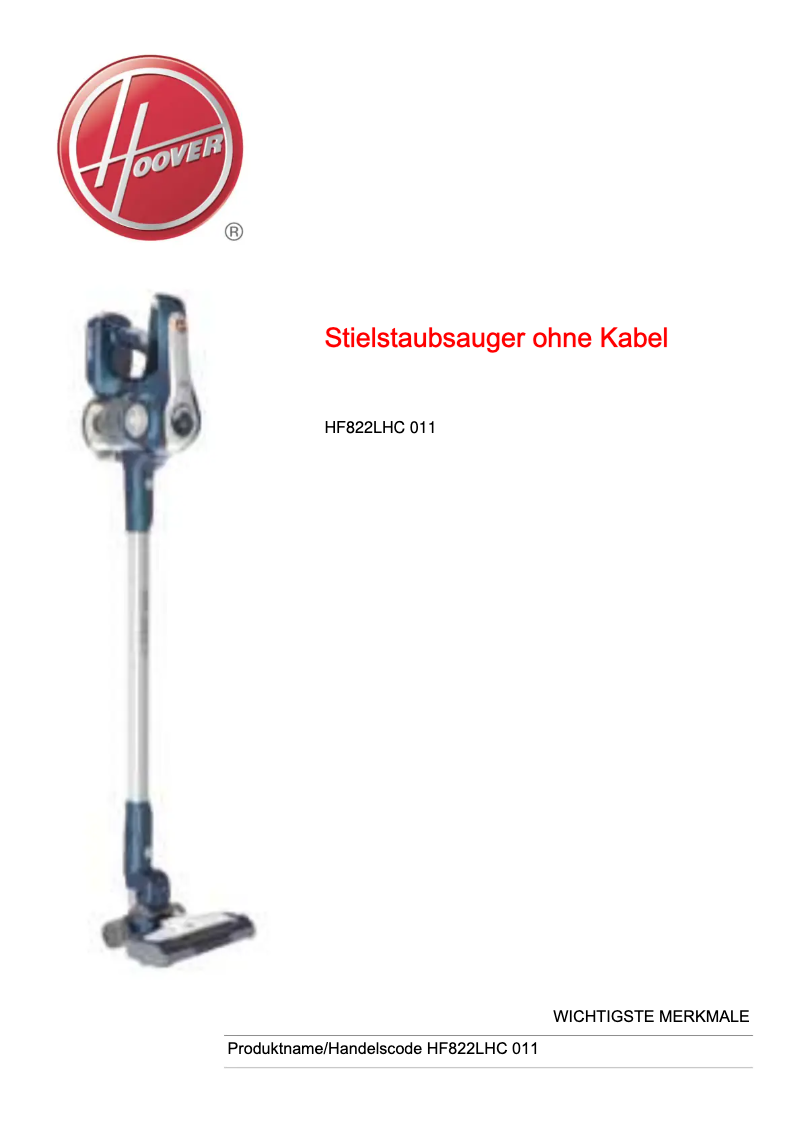 Page n°1 - Fiche technique Hoover H-FREE 800 LITE