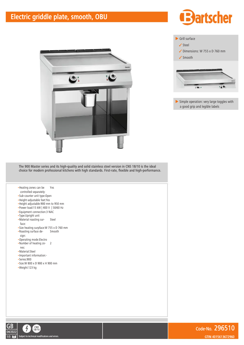 Page n°1 - Fiche technique Bartscher 296510
