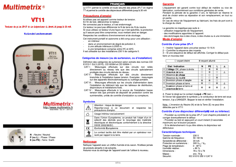 Page 1 de la notice Manuel utilisateur Multimetrix VT11