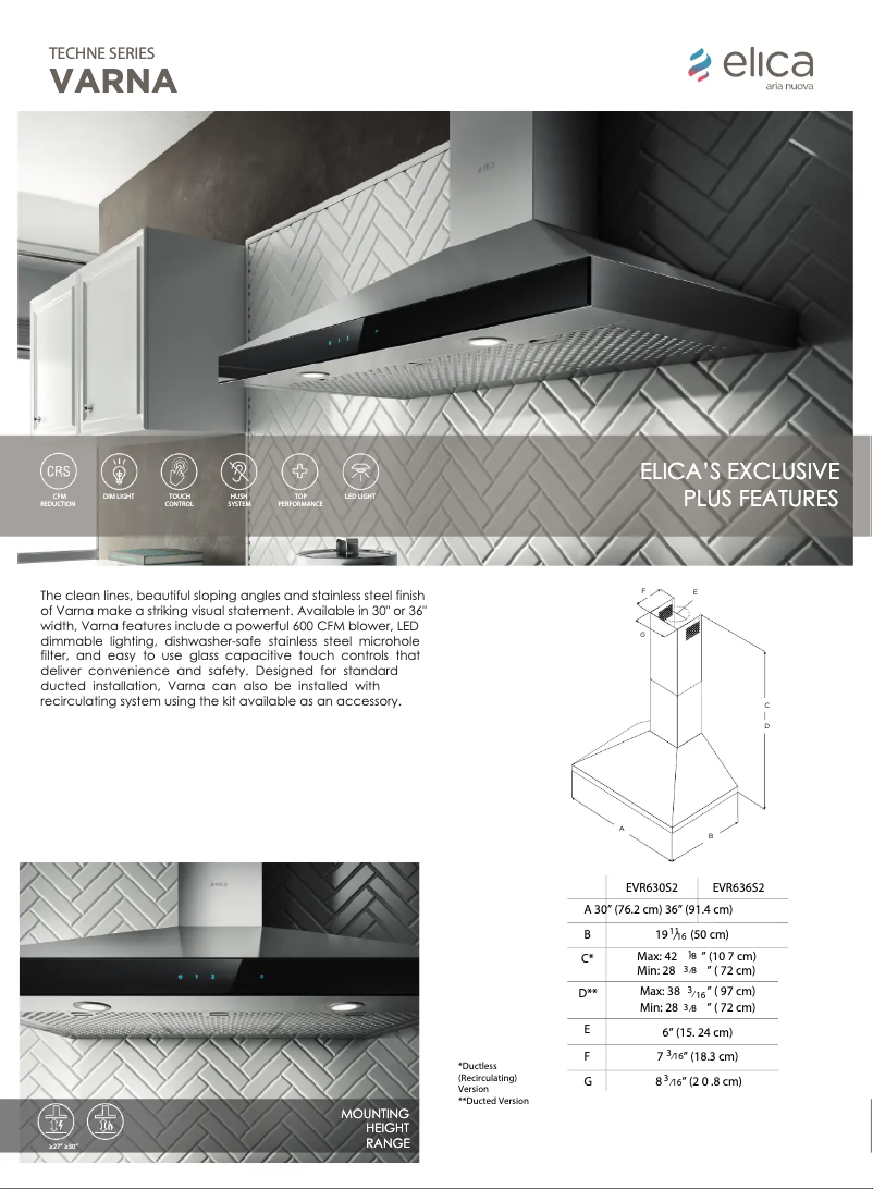 Page 1 of the manual Technical Sheet Elica Varna EVR636S2