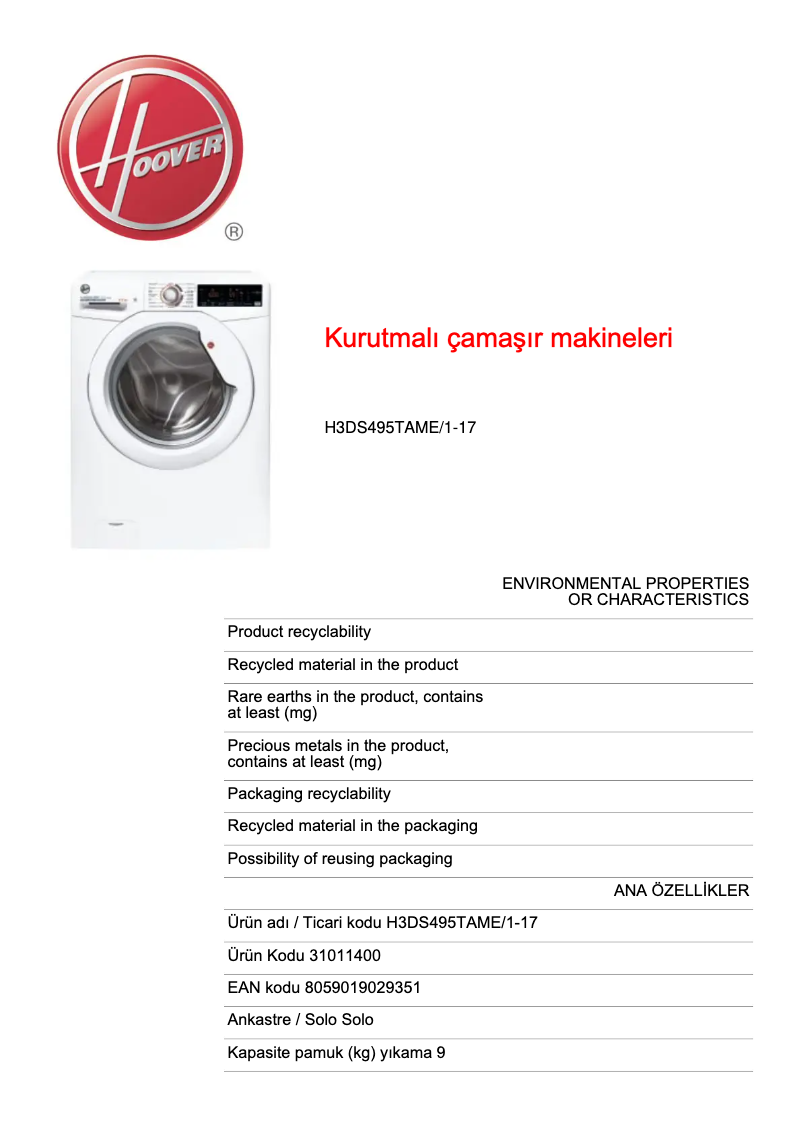 Page n°1 - Fiche technique Hoover H3DS495TAME/1-17