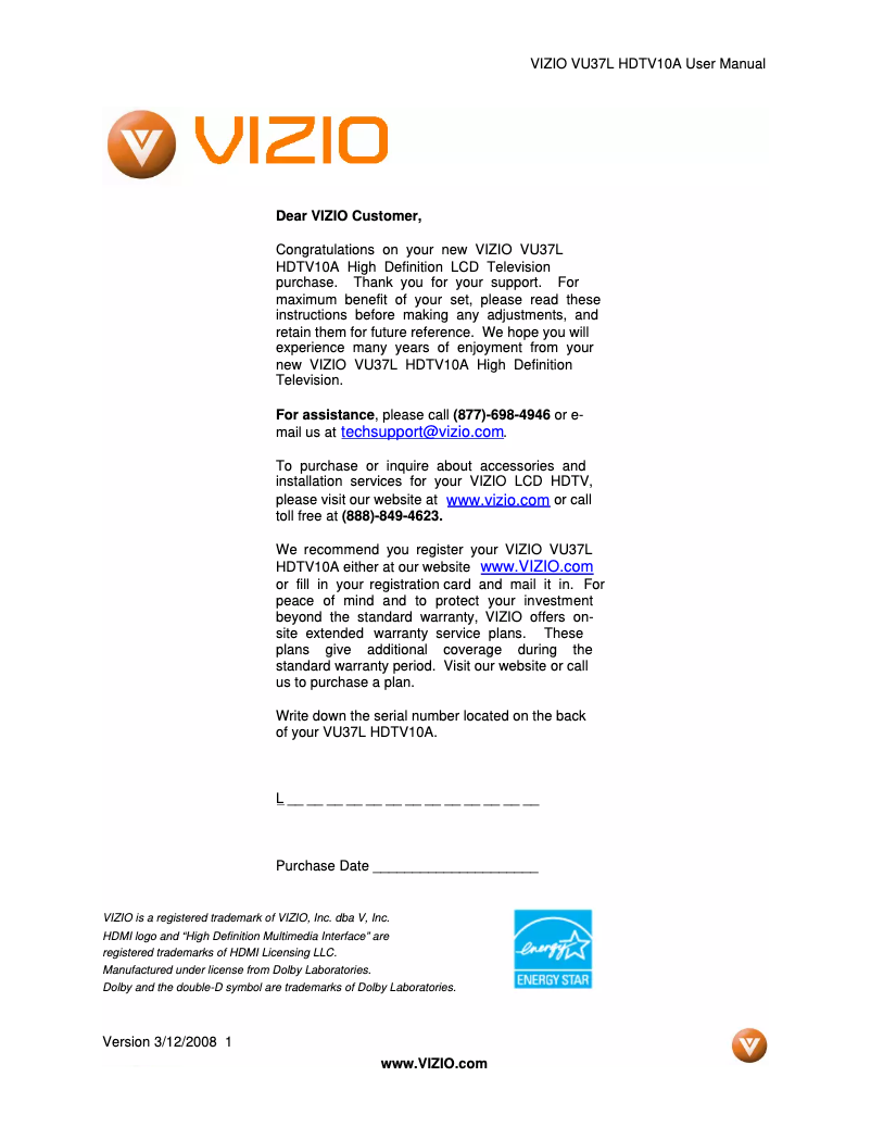 Page n°1 - Manuel utilisateur VIZIO VU37L