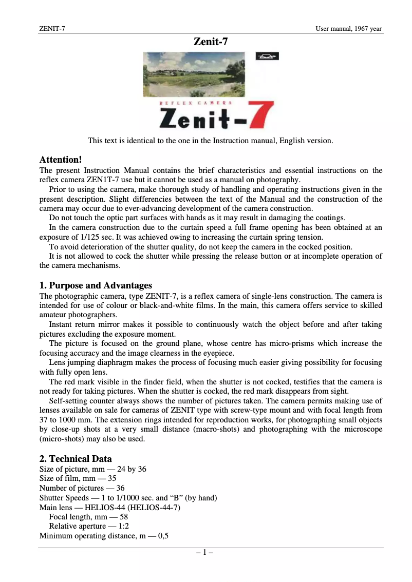 Page 1 de la notice Manuel utilisateur Zenit 7