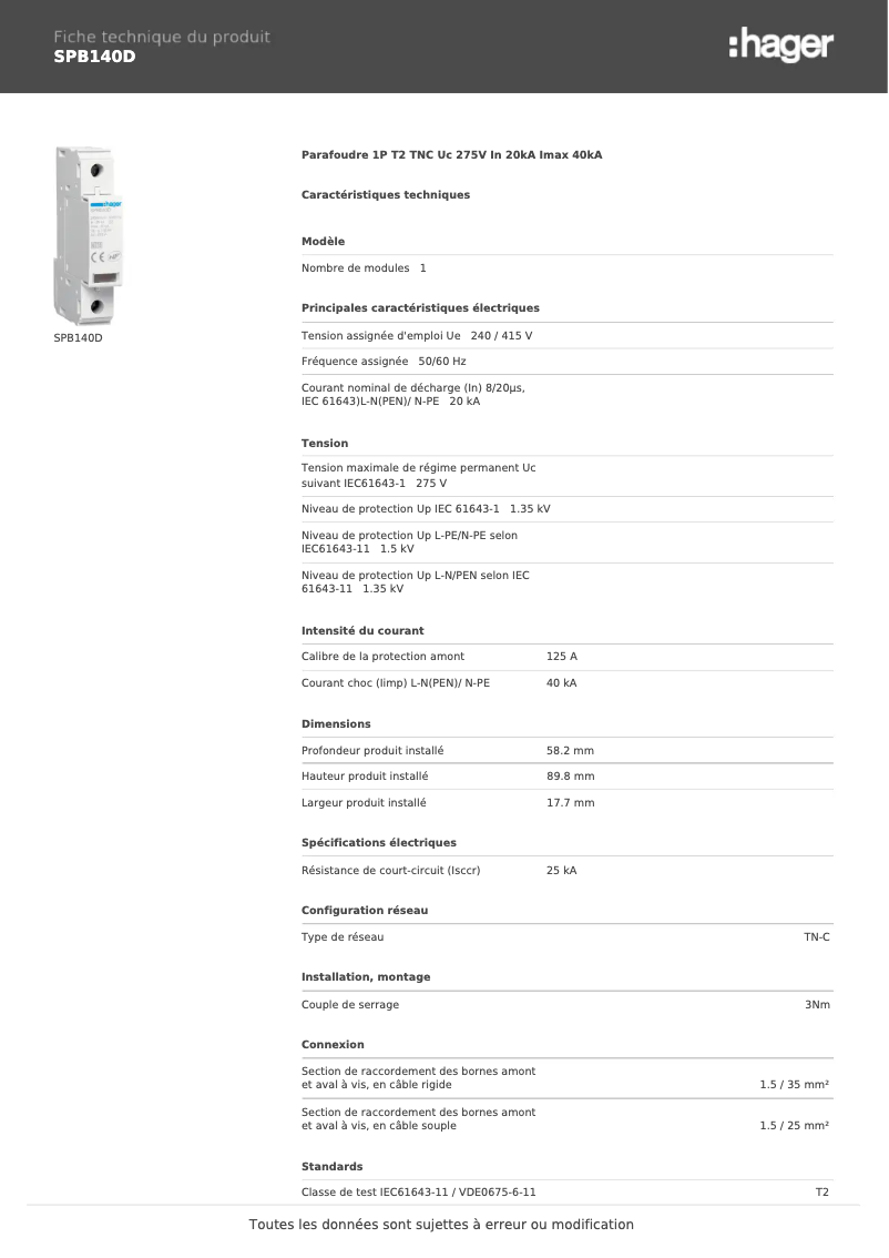 Page 1 de la notice Fiche technique Hager SPB140D