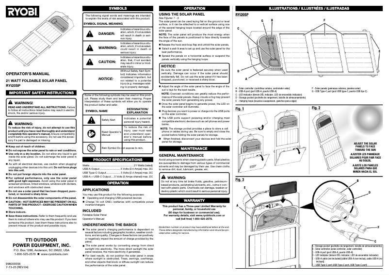 Page n°1 - Manuel utilisateur RYOBI RYi20SP