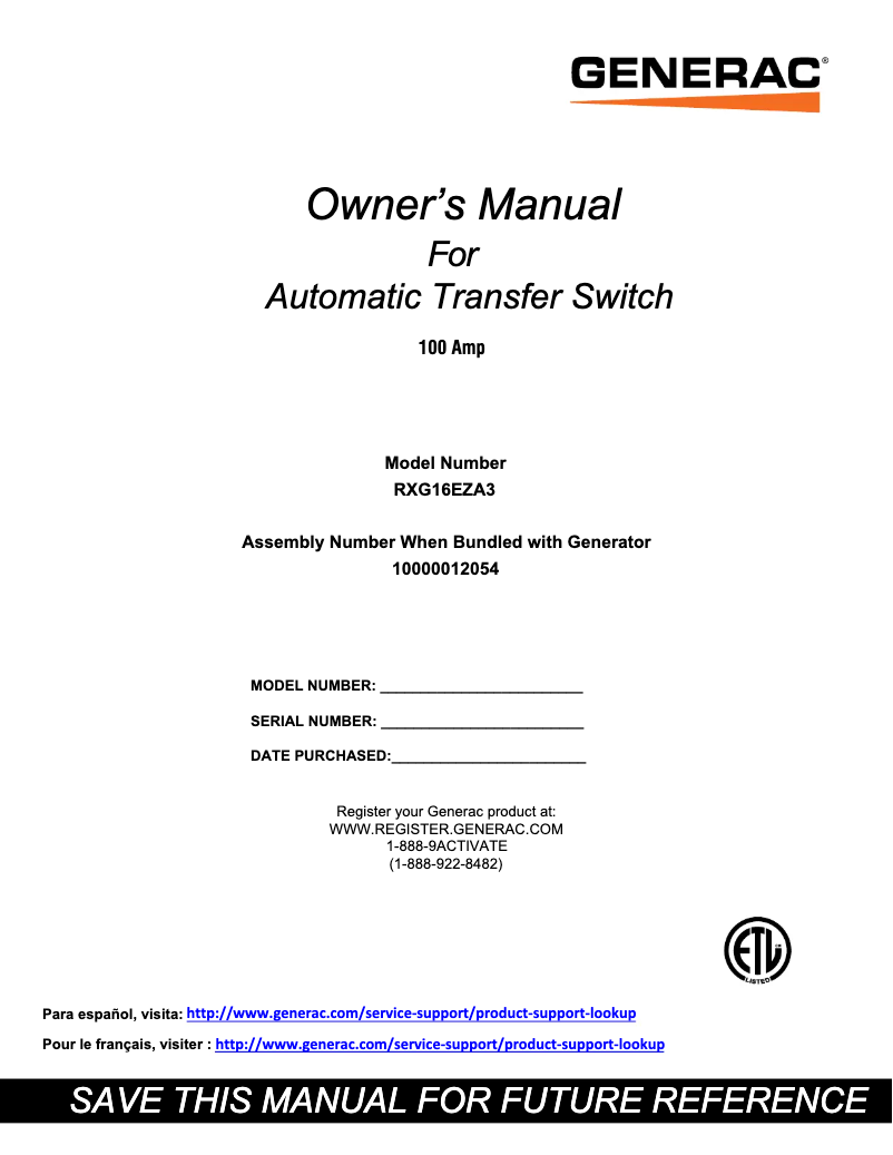 Page n°1 - Manuel utilisateur Generac RXG10EZA1W