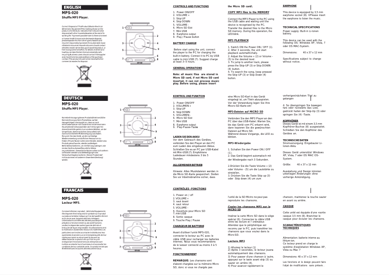 Page 1 de la notice Manuel utilisateur Roadstar MPS-020