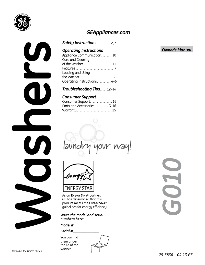 Página 1 del manual Manual de usuario GE GTAS8450DWS