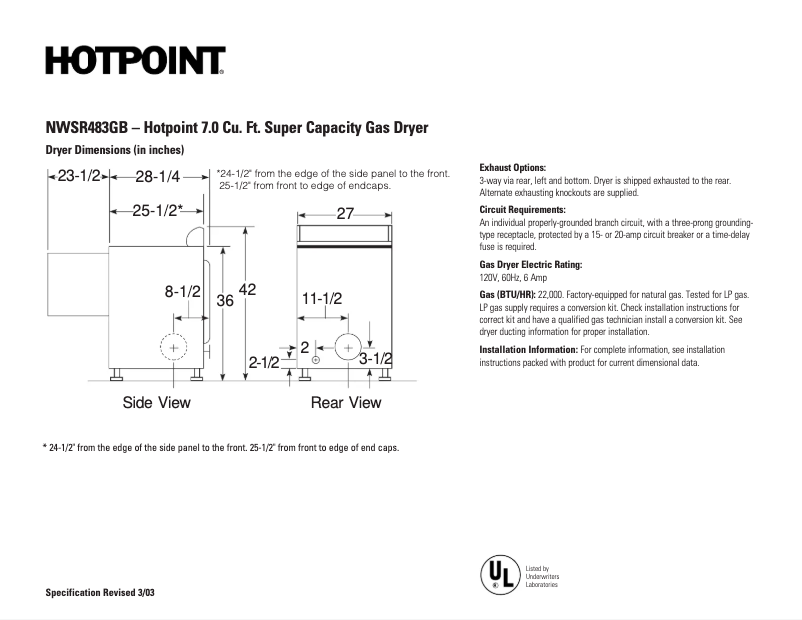 Page n°1 - Fiche technique Hotpoint NWSR483GBWW