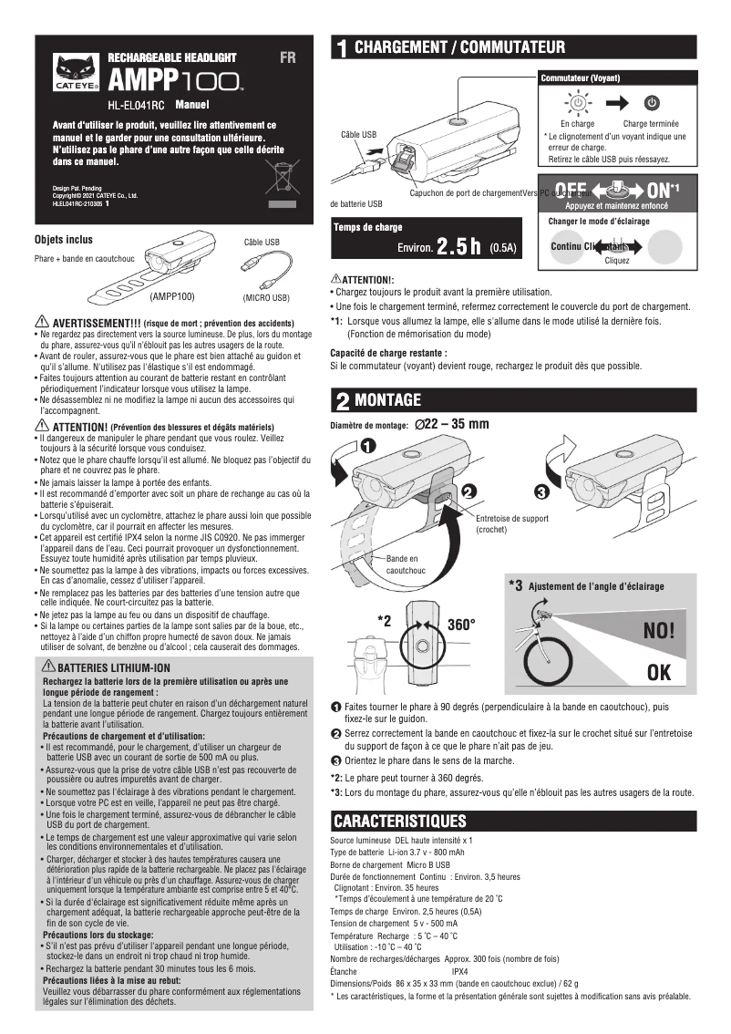 Page 1 de la notice Manuel utilisateur Cateye AMPP100