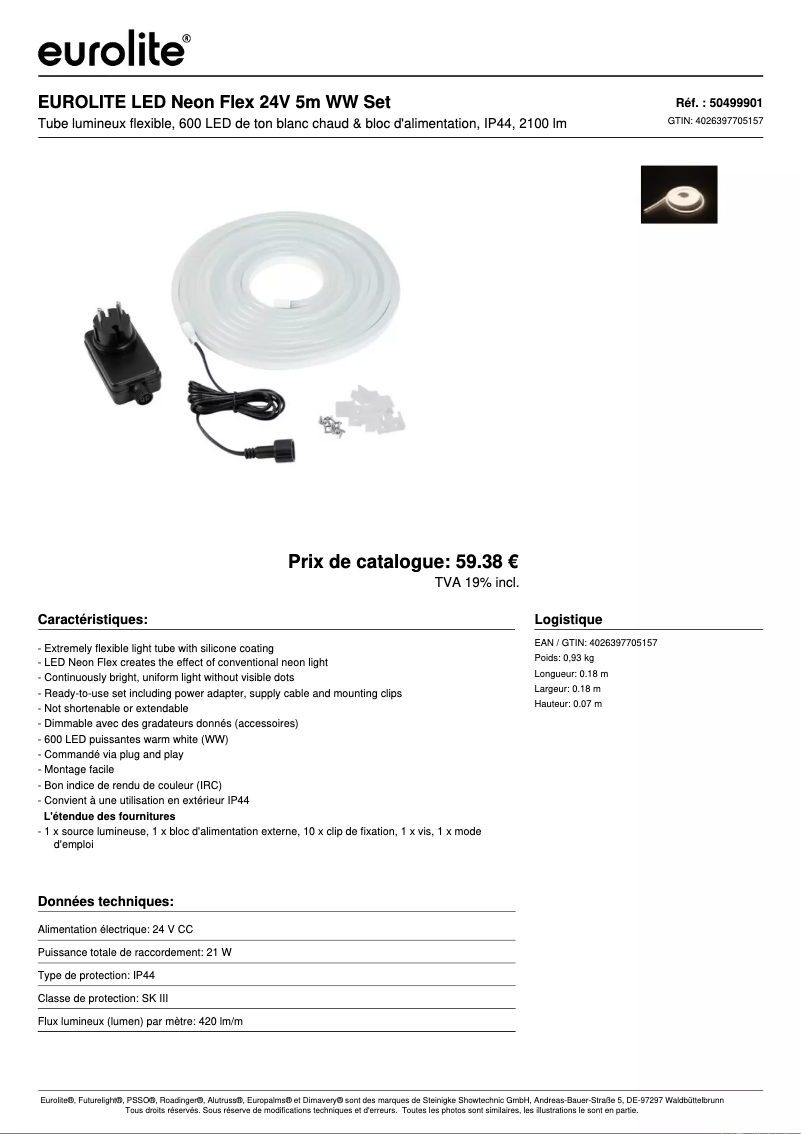 Page 1 de la notice Fiche technique Eurolite LED Neon Flex