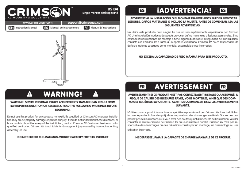 Page 1 de la notice Manuel utilisateur Crimson DS134