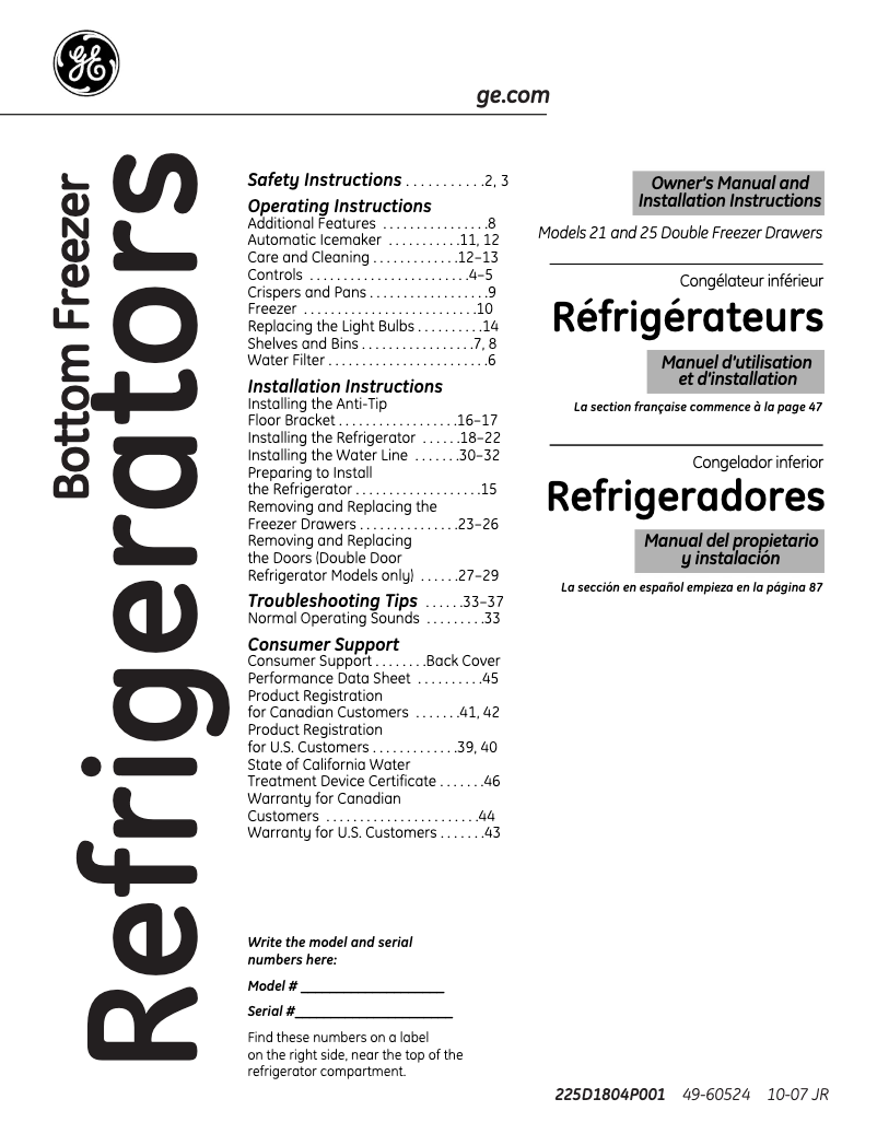 Page 1 de la notice Manuel utilisateur GE PGCS1PJXSS