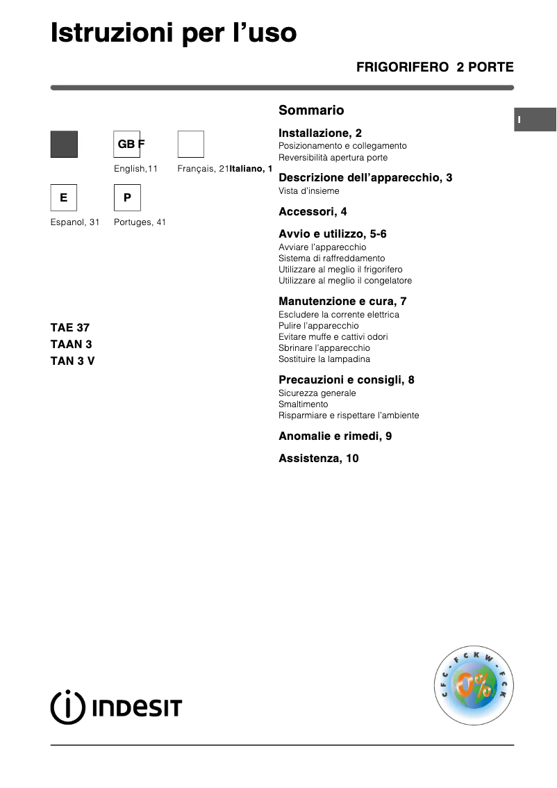 Page n°1 - Manuel utilisateur Indesit TAN 3 V