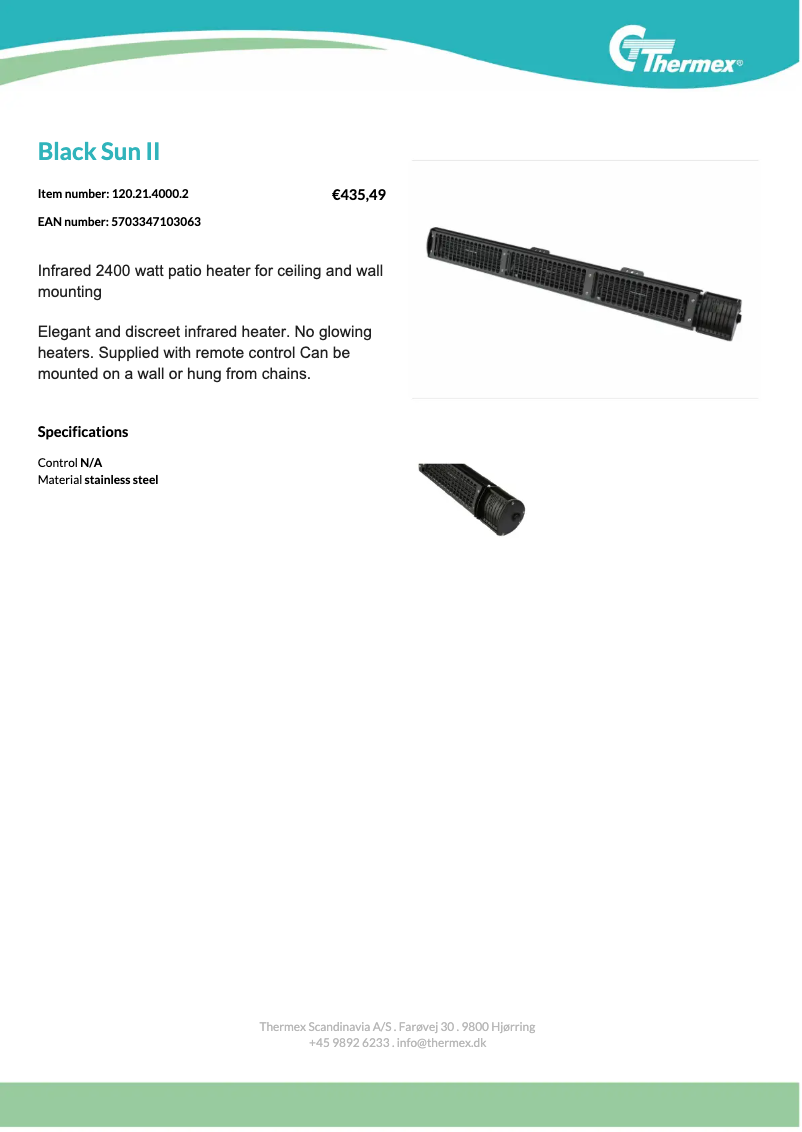 Page 1 de la notice Fiche technique Thermex Black Sun II
