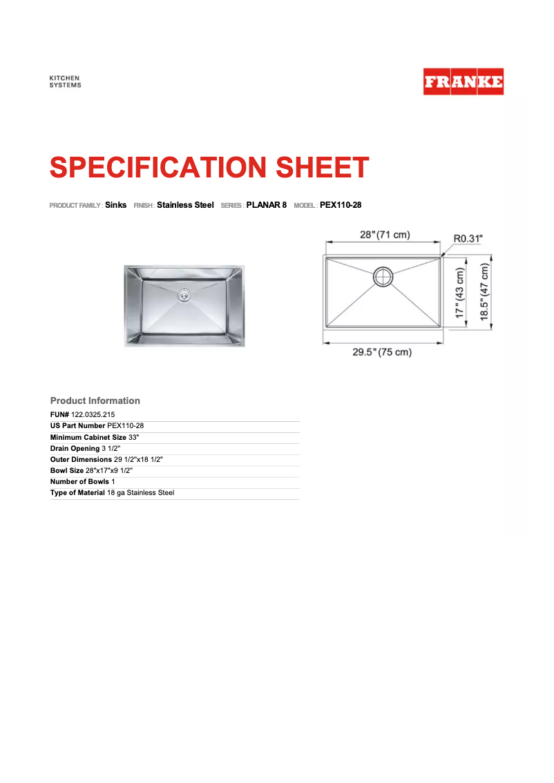 Page 1 de la notice Manuel utilisateur Franke Planar 8 PEX110-28